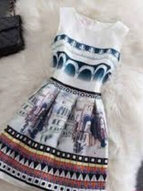 Retro White Sleeveless Scuba Fit-and-Flare Dress with Blue Architectural Print